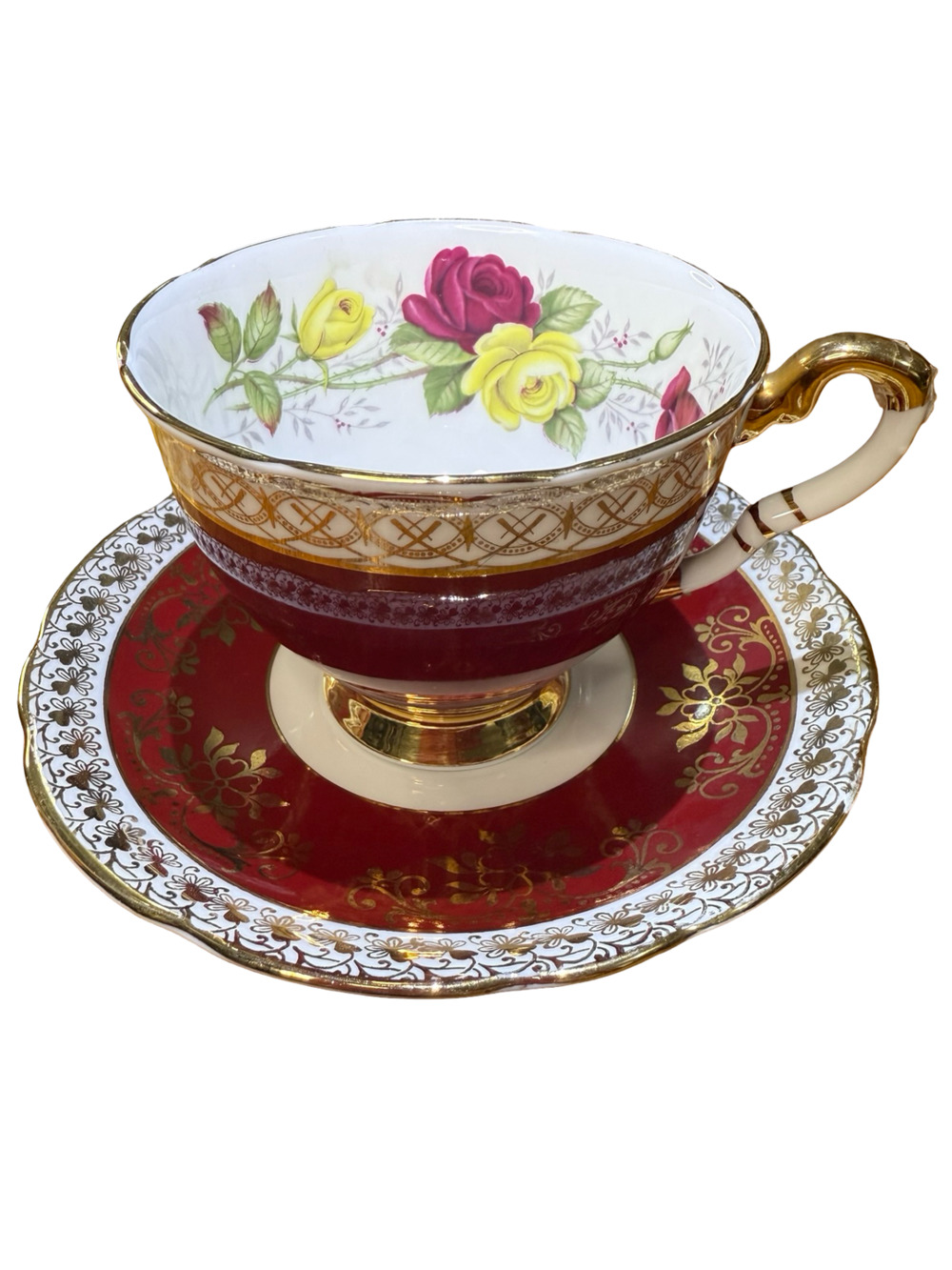 Paragon Teacup and Saucer Burgundy Gold Floral Roses Bone China